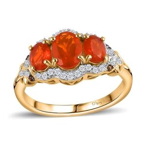 Gold-Plated Ring with Three Orange Oval Stones and Pavé Accents